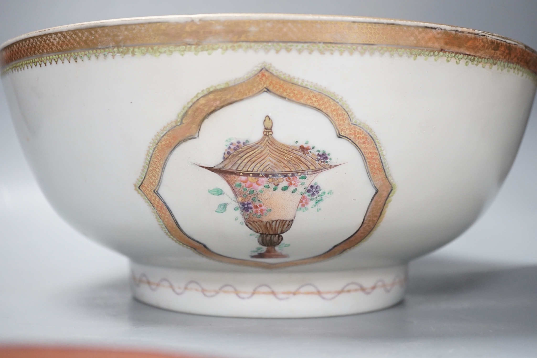 A Jun type dish, 13.5cm and an 18th century Chinese famille rose punch bowl, 29cm